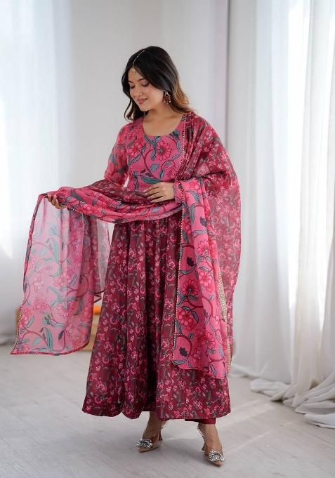 Maroon Printed Organza Anarkali Suit — view on Indya