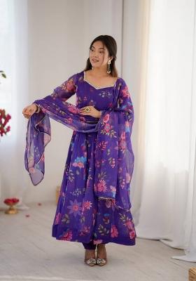 Purple Floral Print Organza Anarkali Suit