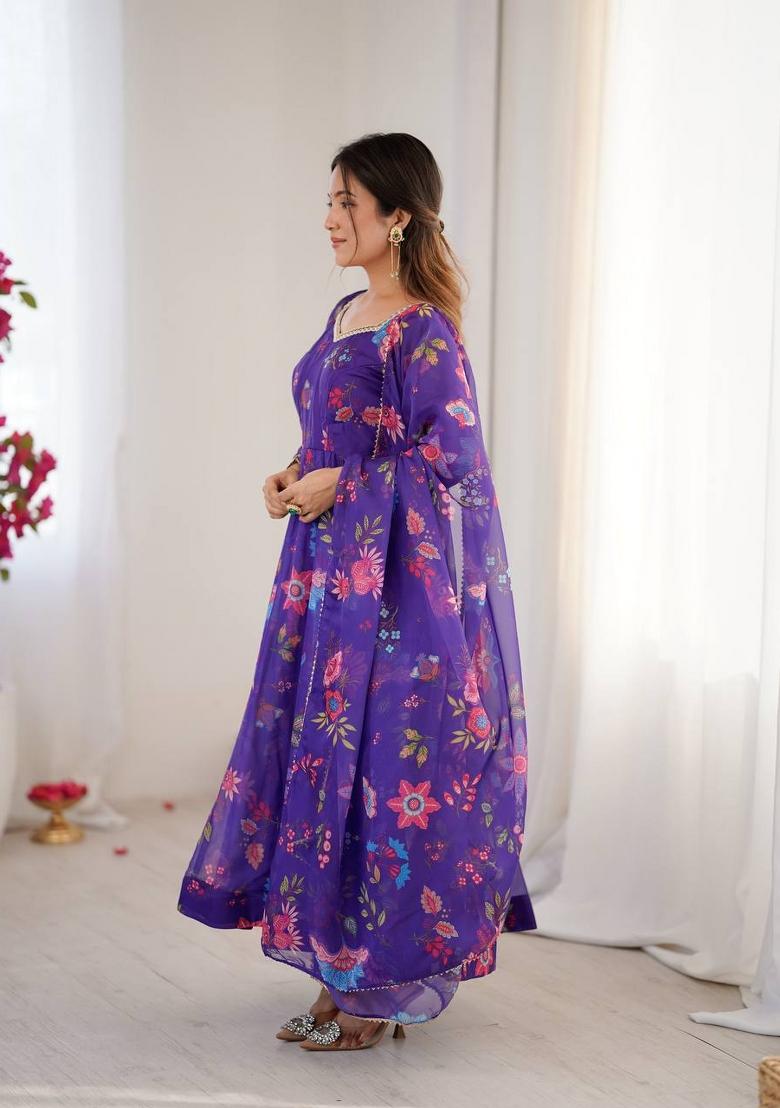 Purple Floral Print Organza Anarkali Suit - Indya