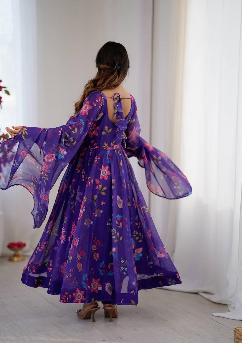 Purple Floral Print Organza Anarkali Suit - Indya