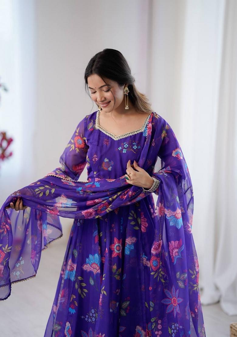 Purple Floral Print Organza Anarkali Suit - Indya