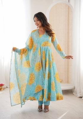 Sky Blue Floral Print Organza Anarkali Suit