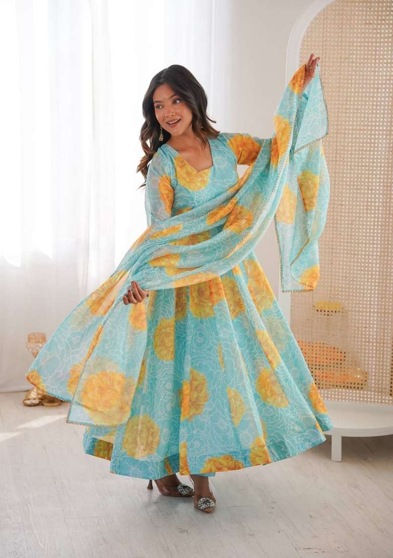 Sky Blue Floral Print Organza Anarkali Suit - Indya