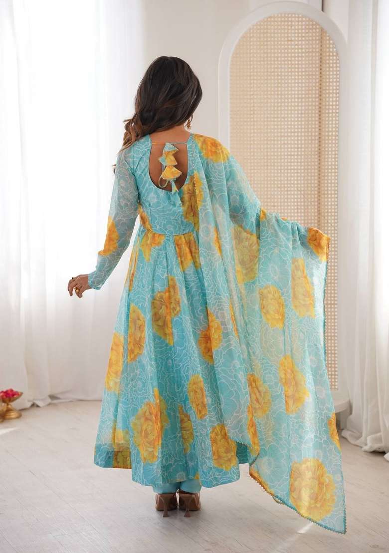Sky Blue Floral Print Organza Anarkali Suit - Indya