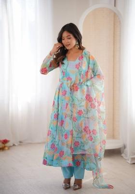 Mint Aqua Blue Printed Organza Anarkali Suit