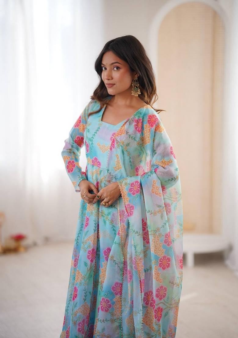 Mint Aqua Blue Printed Organza Anarkali Suit - Indya