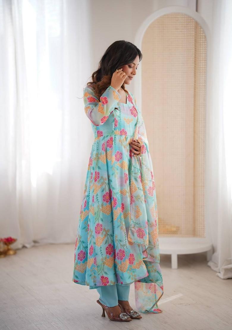 Mint Aqua Blue Printed Organza Anarkali Suit - Indya