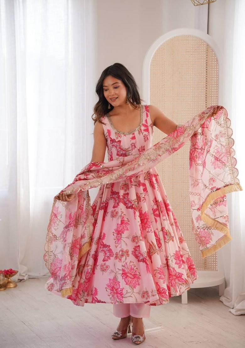 Blush Pink Floral Print Muslin Anarkali Suit - Indya