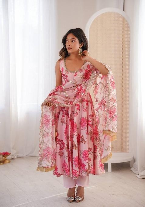Blush Pink Floral Print Muslin Anarkali Suit