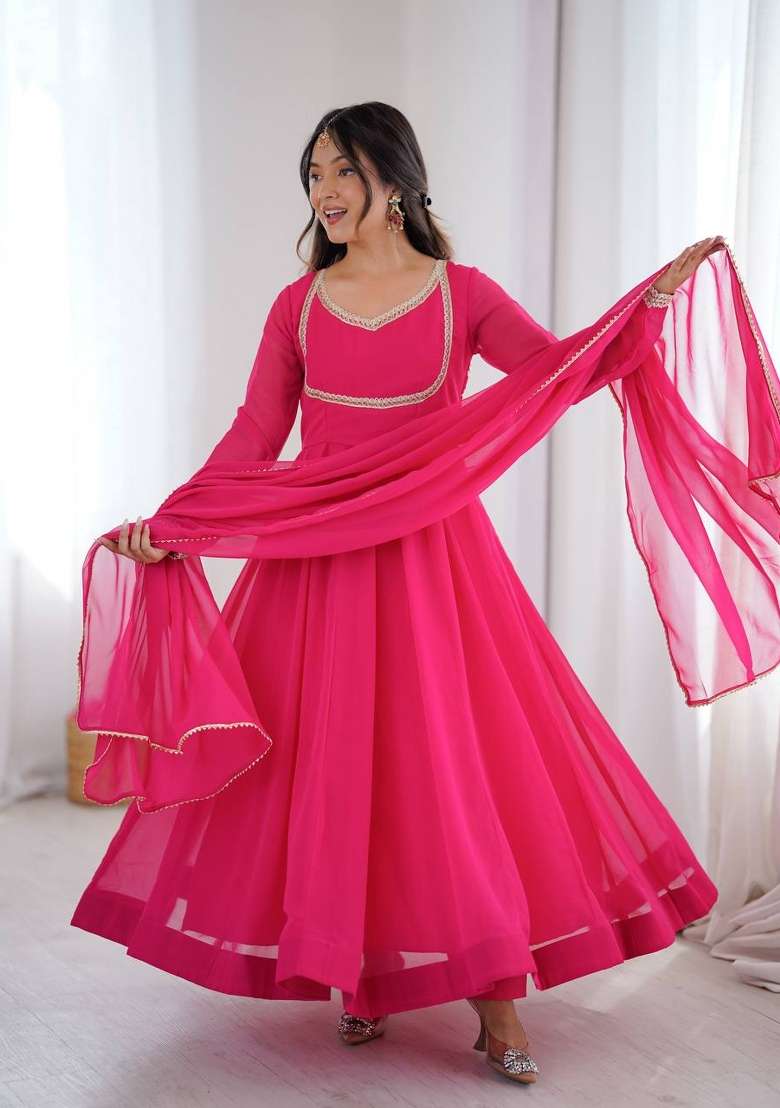 Rani Pink Solid Georgette Anarkali Suit - Indya