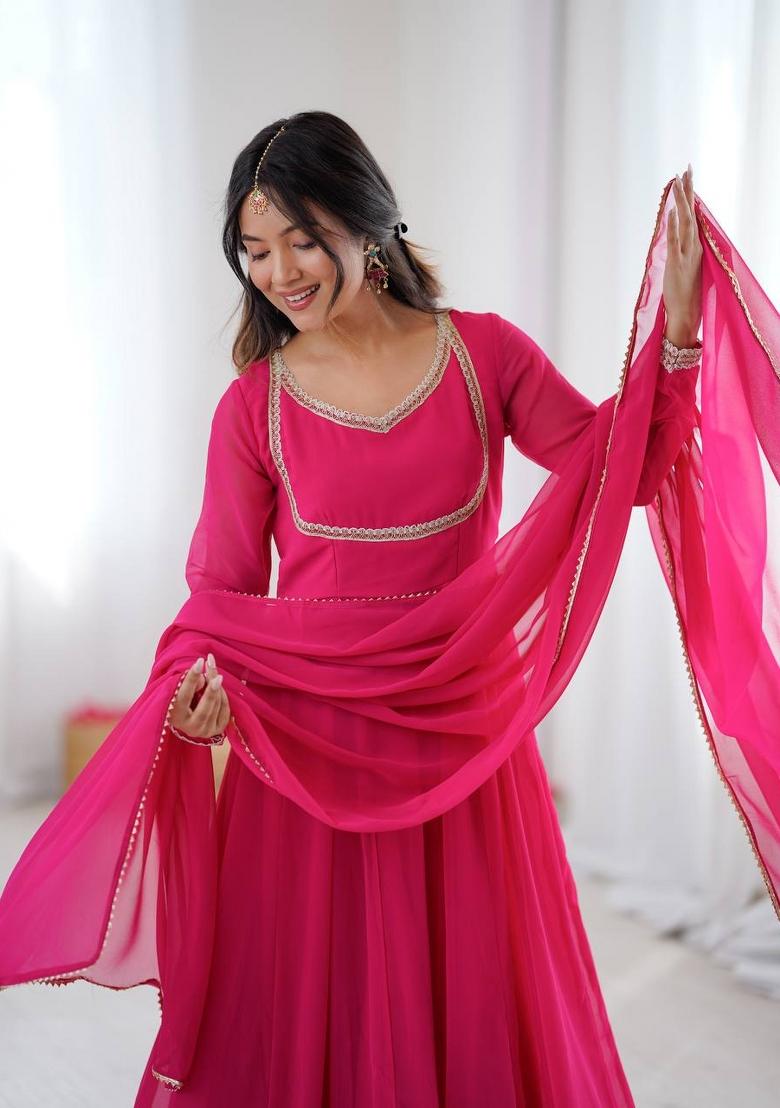 Rani Pink Solid Georgette Anarkali Suit - Indya