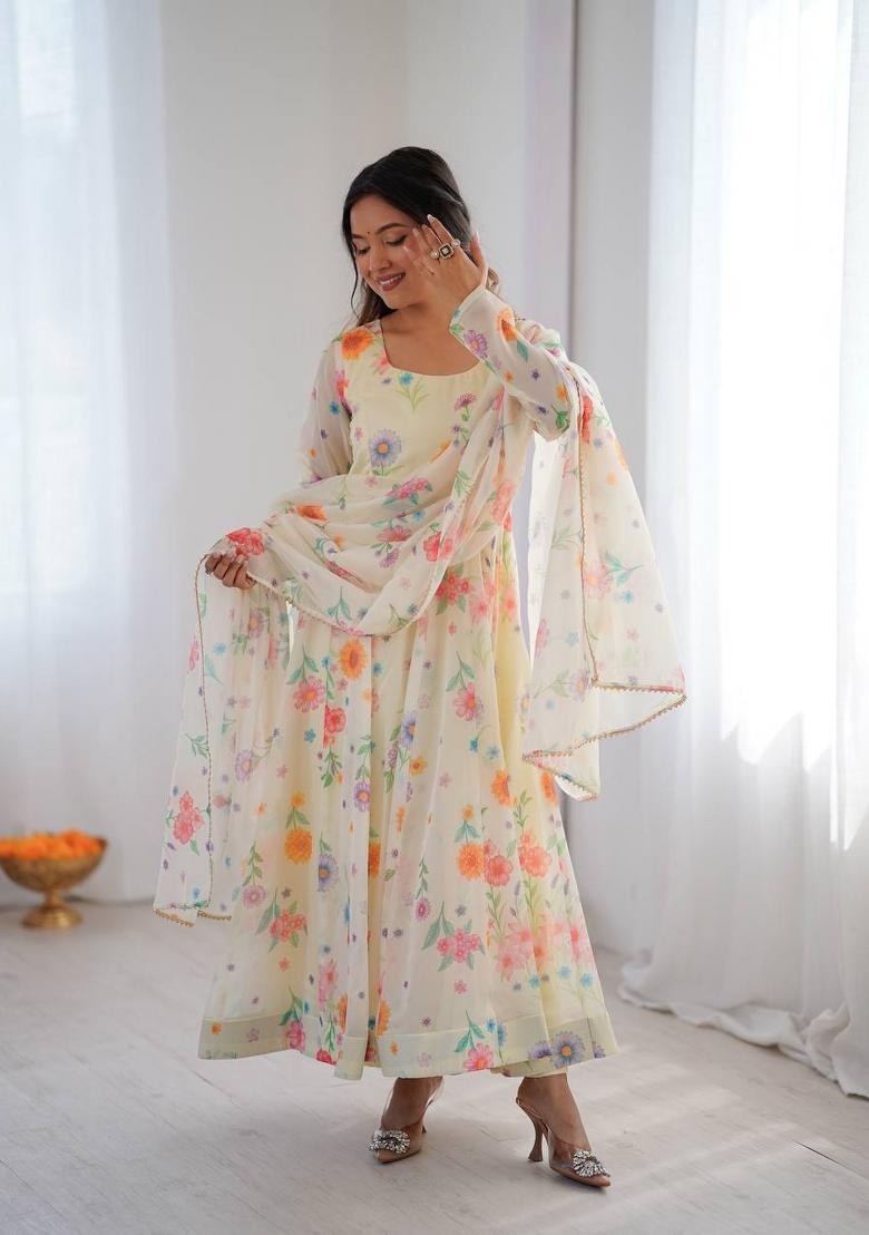 Butter Yellow Printed Organza Anarkali Suit - Indya