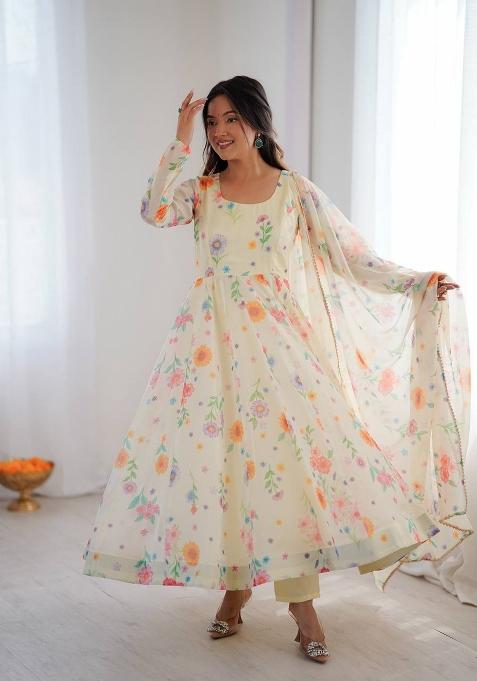 Butter Yellow Printed Organza Anarkali Suit