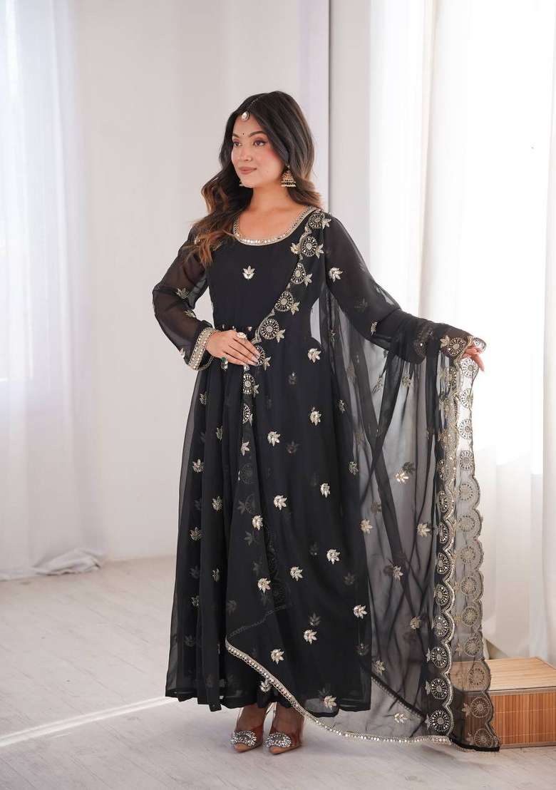 Black Embroidery Georgette Anarkali Suit - Indya