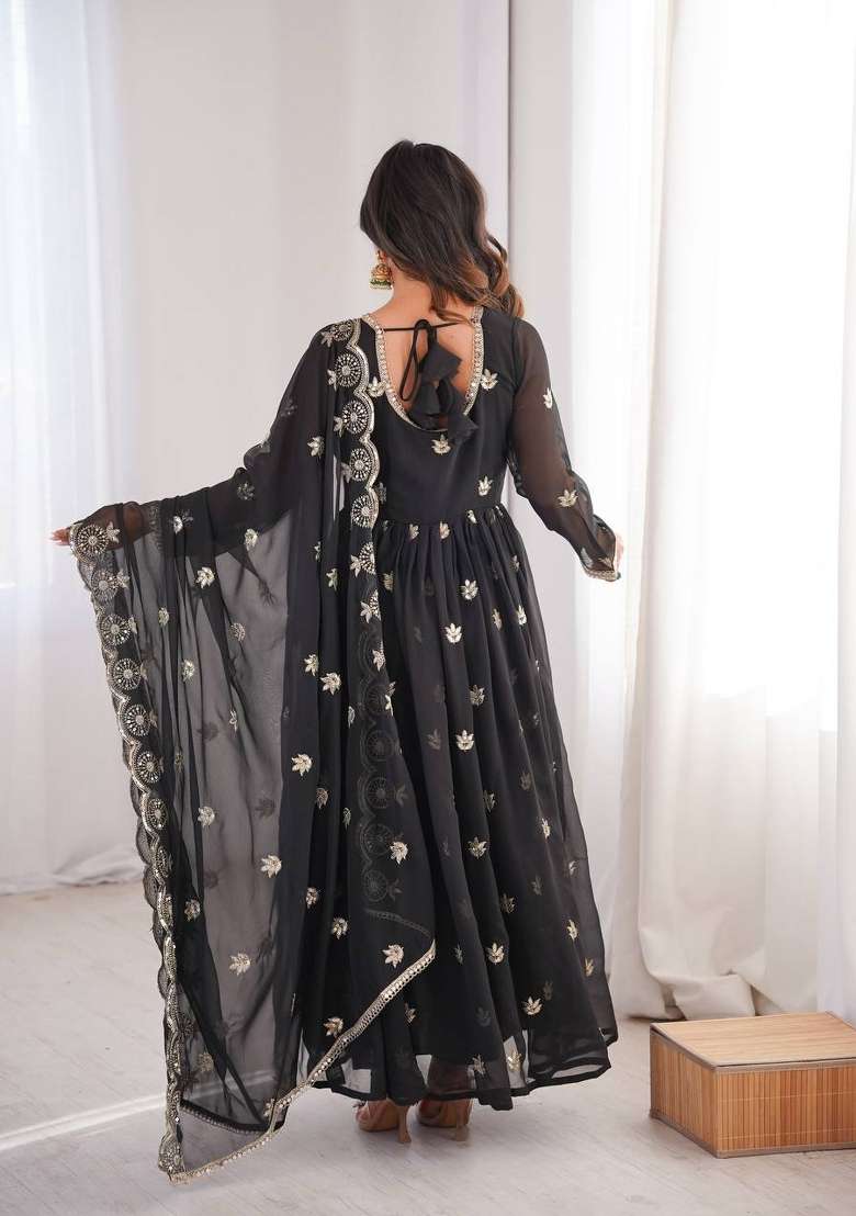 Black Embroidery Georgette Anarkali Suit - Indya