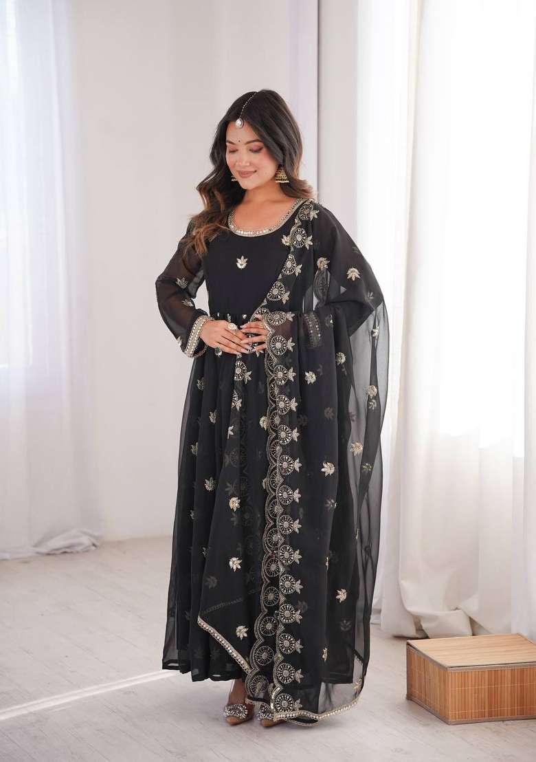 Black Embroidery Georgette Anarkali Suit - Indya