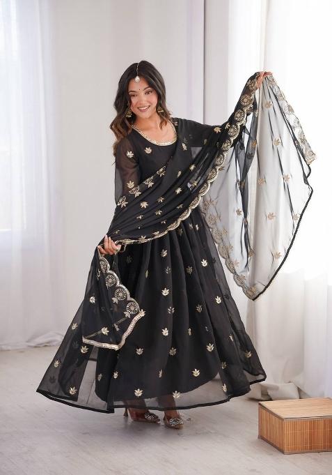 Black Embroidery Georgette Anarkali Suit