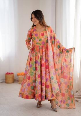 Mustard Printed Organza Anarkali Suit