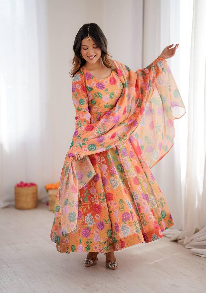 Mustard Printed Organza Anarkali Suit - Indya