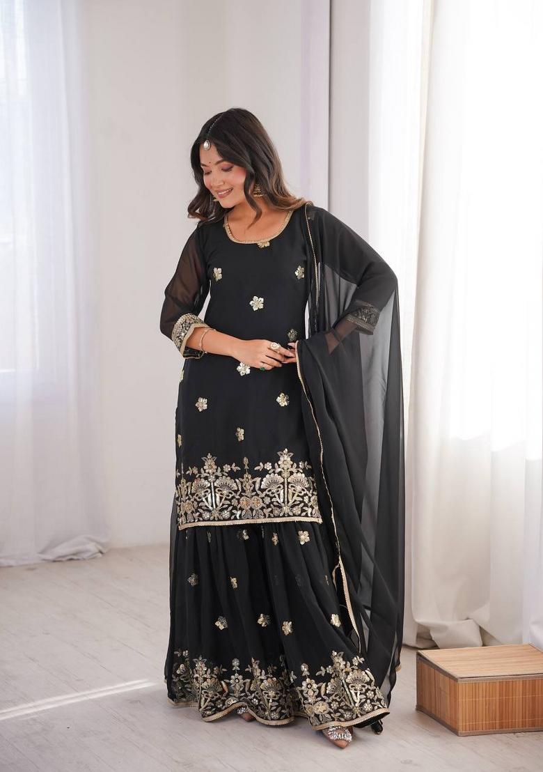 Black Embroidery Georgette Sharara Set - Indya