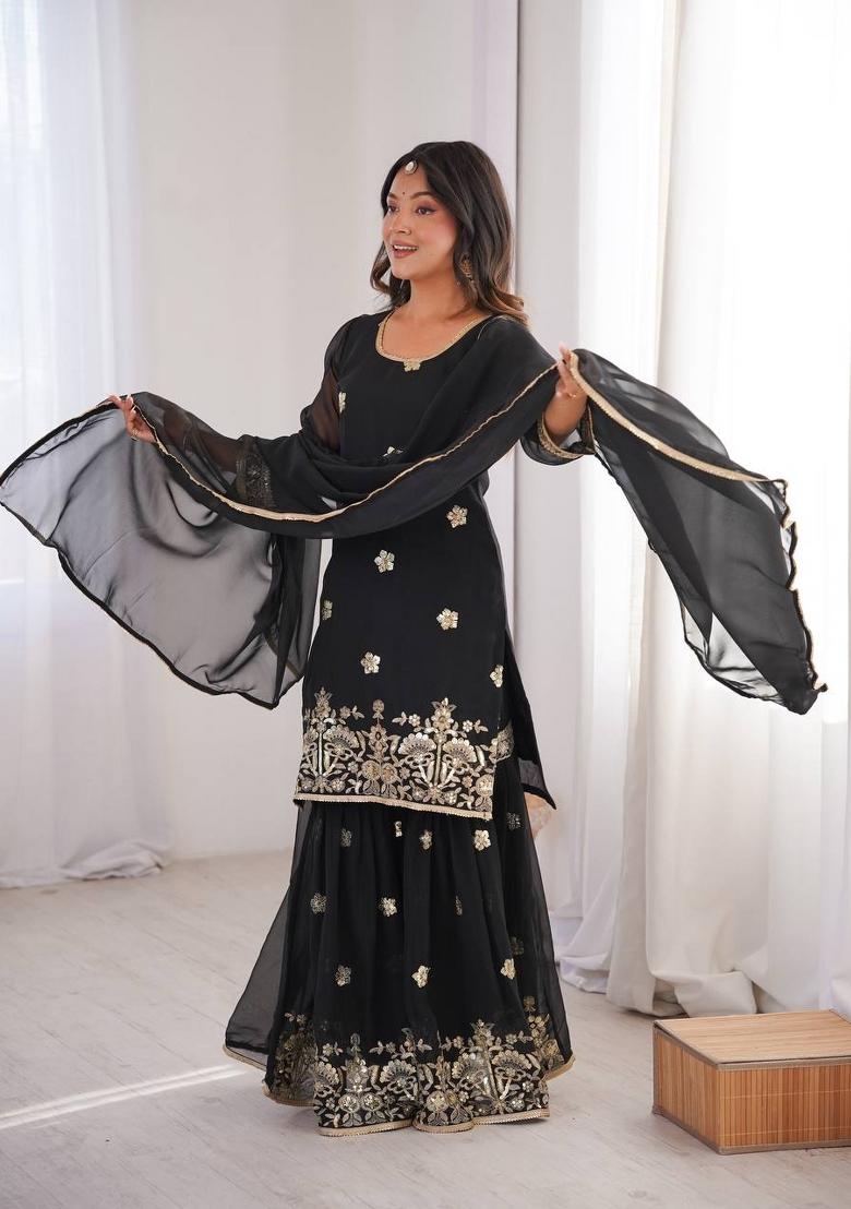Black Embroidery Georgette Sharara Set - Indya
