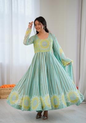 Mint Green Printed Organza Anarkali Suit