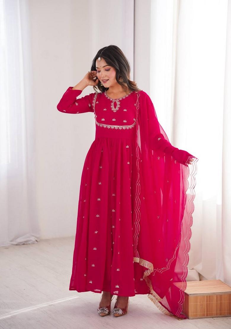 Rani Pink Embroidery Georgette Anarkali Suit - Indya