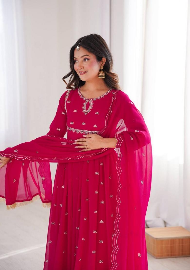 Rani Pink Embroidery Georgette Anarkali Suit - Indya