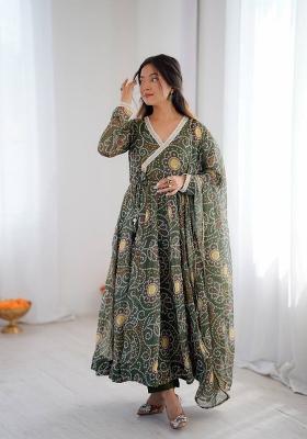 Olive Green Printed Georgette Anarkali Suit