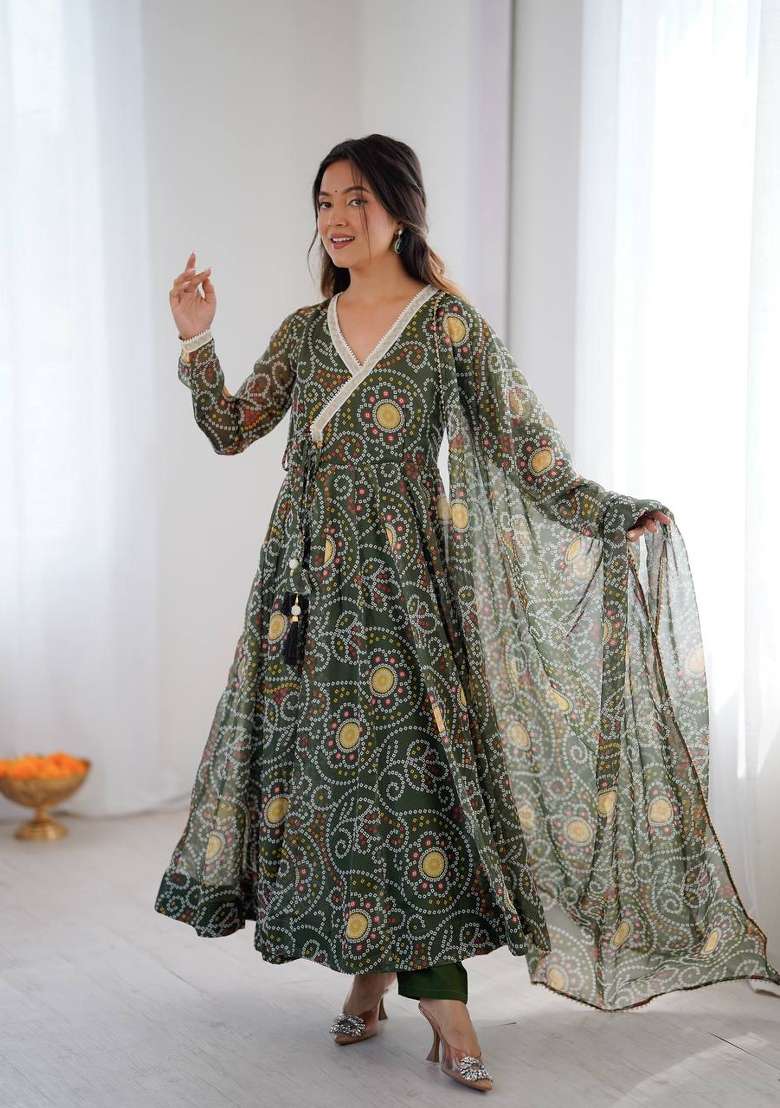 Olive Green Printed Georgette Anarkali Suit - Indya