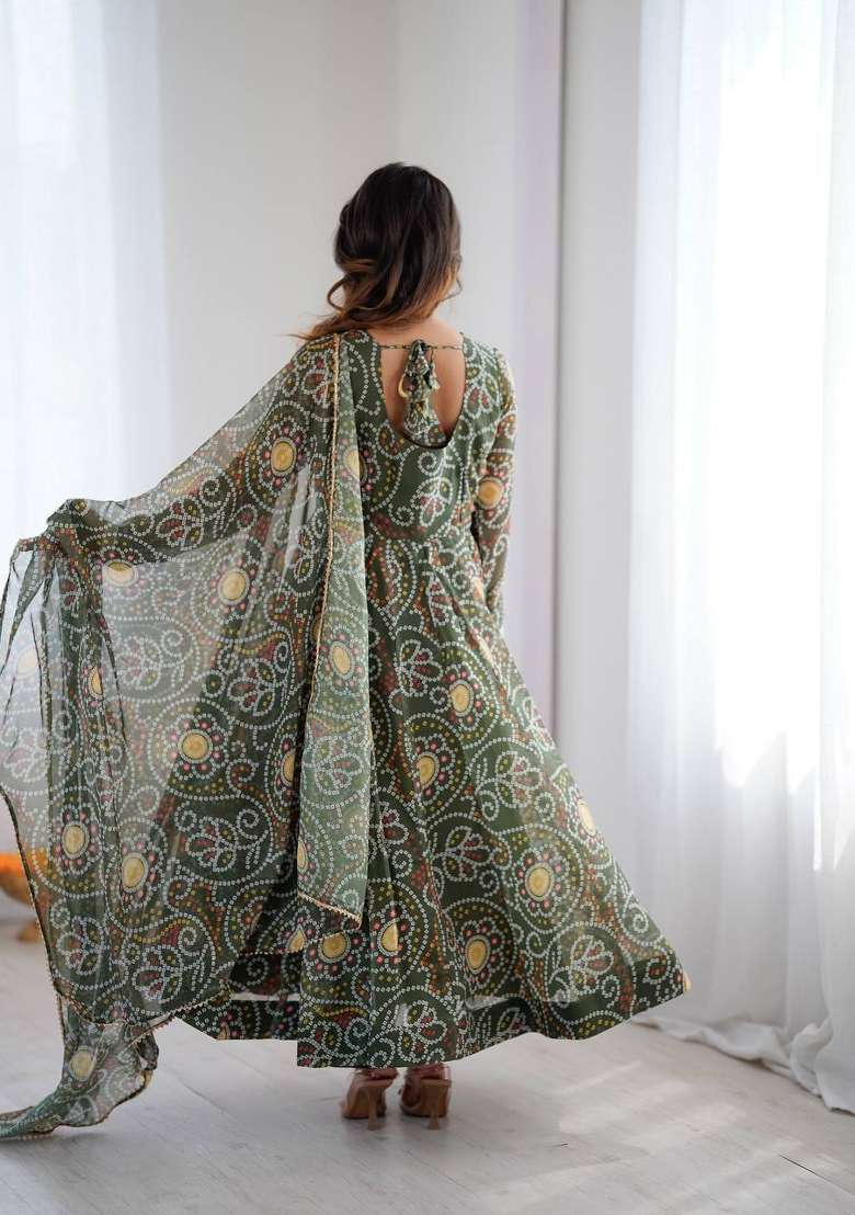 Olive Green Printed Georgette Anarkali Suit - Indya