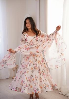 Off White Printed Georgette Anarkali Suit