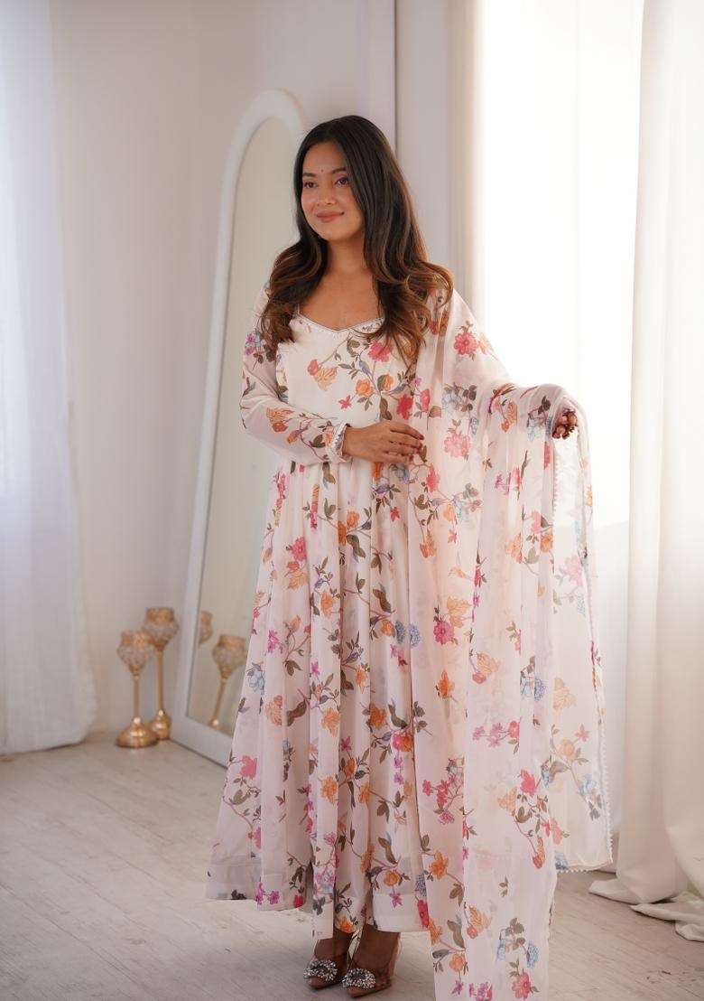 Off White Printed Georgette Anarkali Suit - Indya
