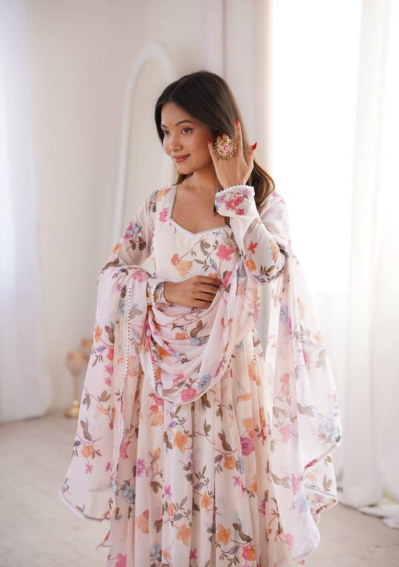 Off White Printed Georgette Anarkali Suit - Indya