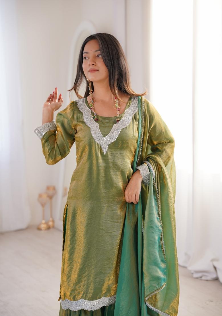 Olive Green Lace Work Fendi Sharara Set - Indya