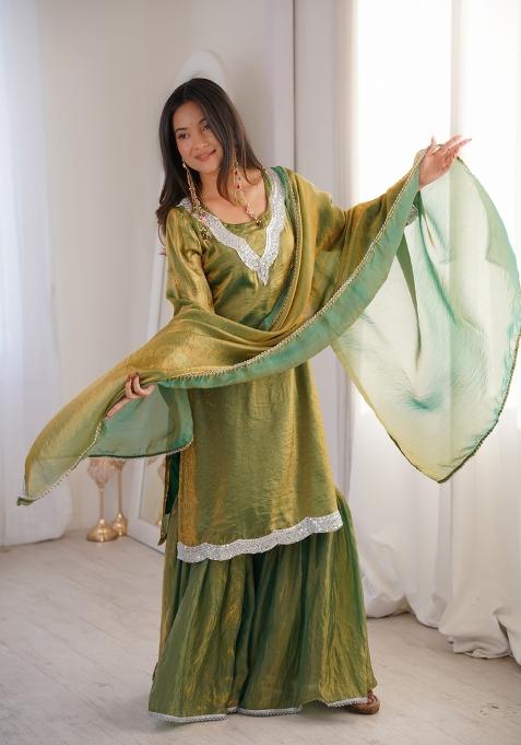 Olive Green Lace Work Fendi Sharara Set