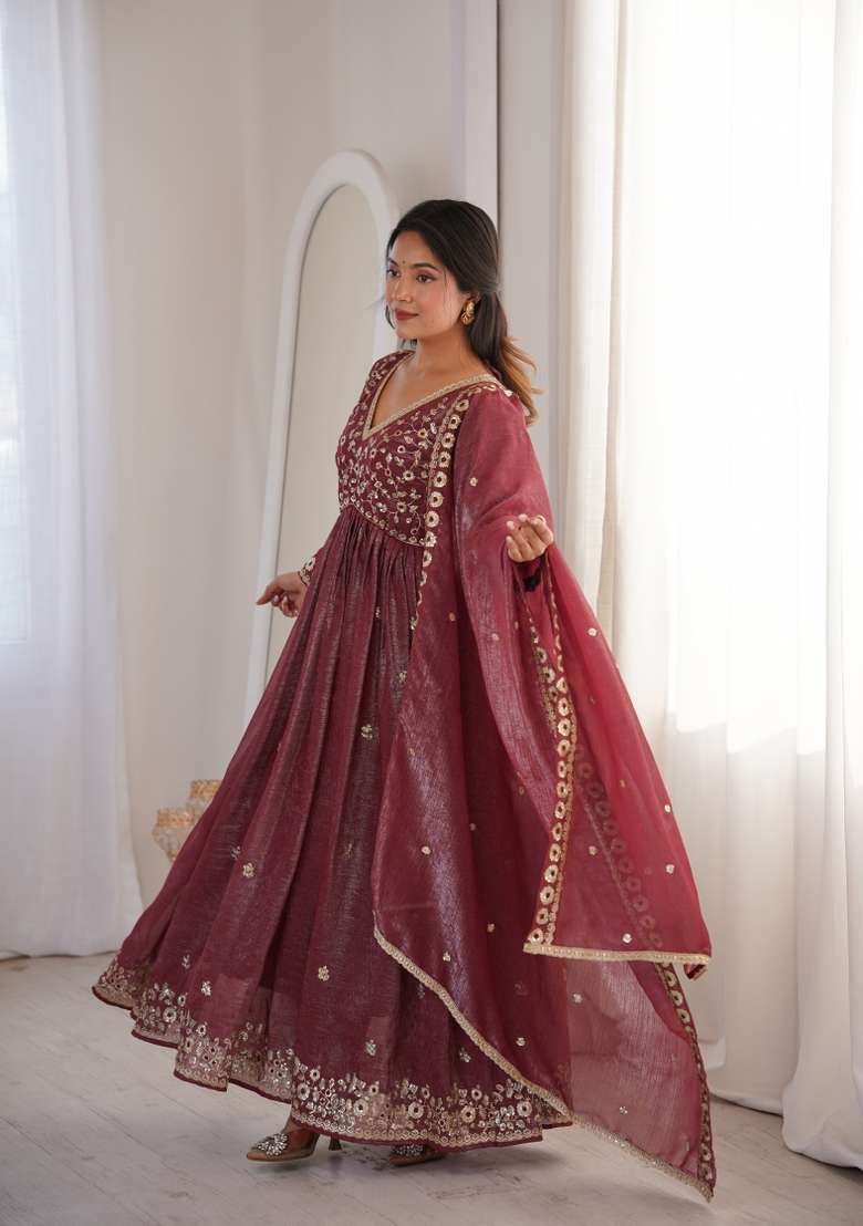 Dusty Brown Embroidery Crunchy Anarkali Suit - Indya