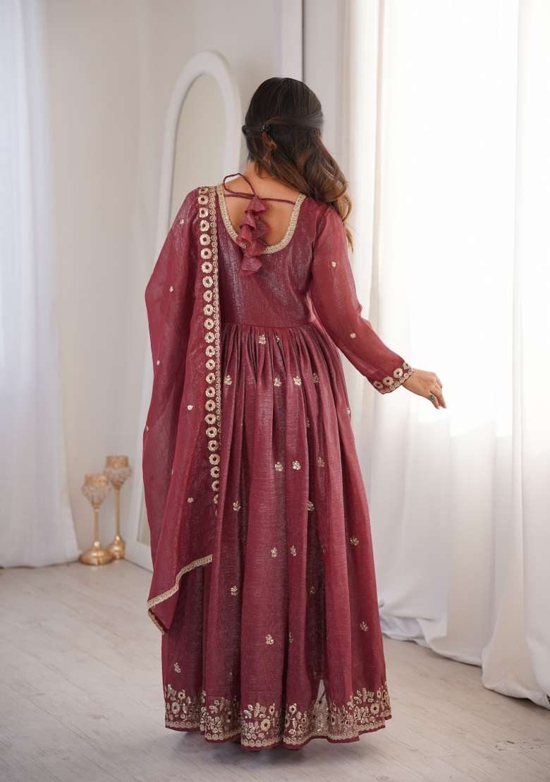 Dusty Brown Embroidery Crunchy Anarkali Suit - Indya