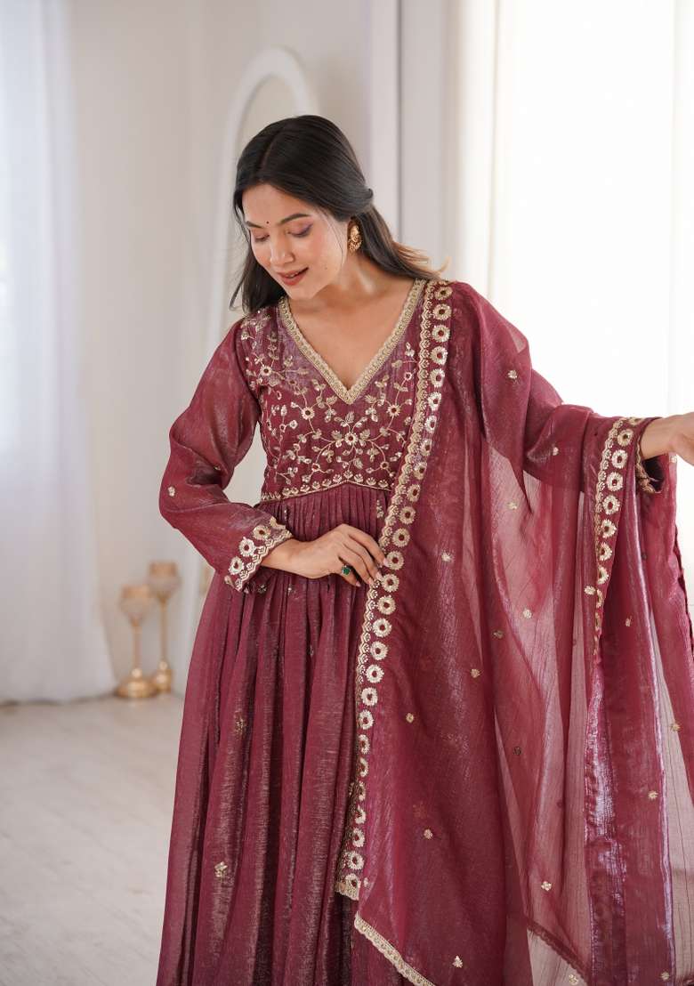 Dusty Brown Embroidery Crunchy Anarkali Suit - Indya