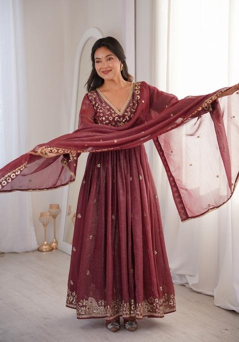 Dusty Brown Embroidery Crunchy Anarkali Suit