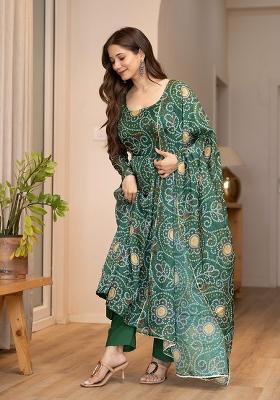 Green Printed Organza Anarkali Suit