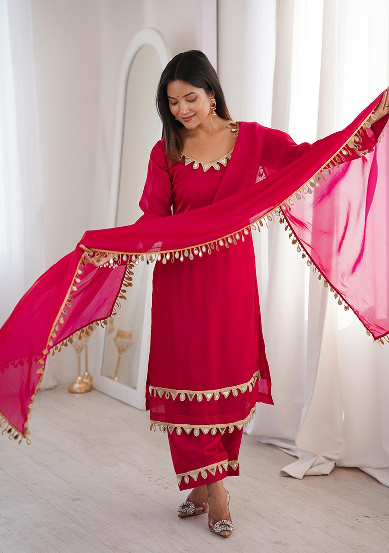Rani Pink Mirror Work Silk Palazzo Set - Indya