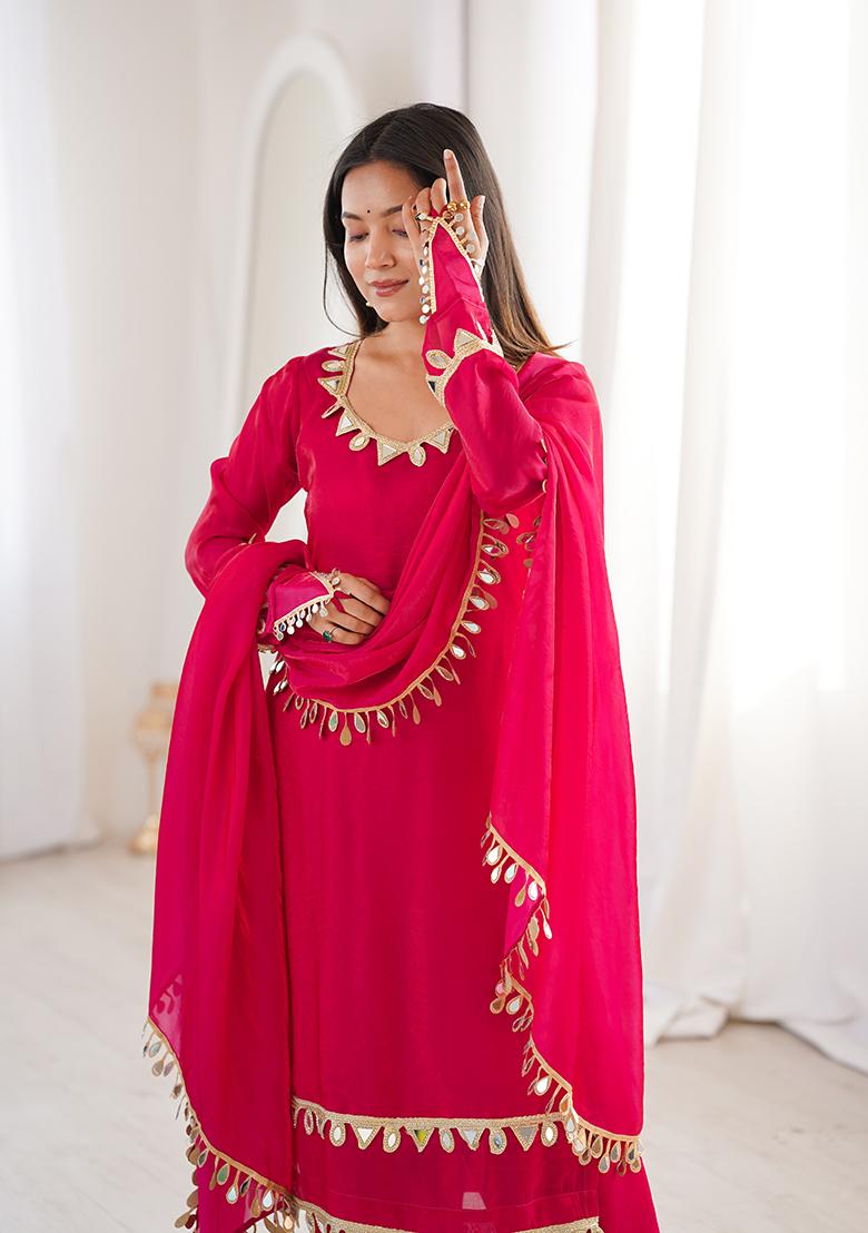 Rani Pink Mirror Work Silk Palazzo Set - Indya