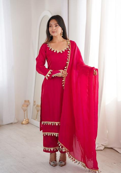 Rani Pink Mirror Work Silk Palazzo Set