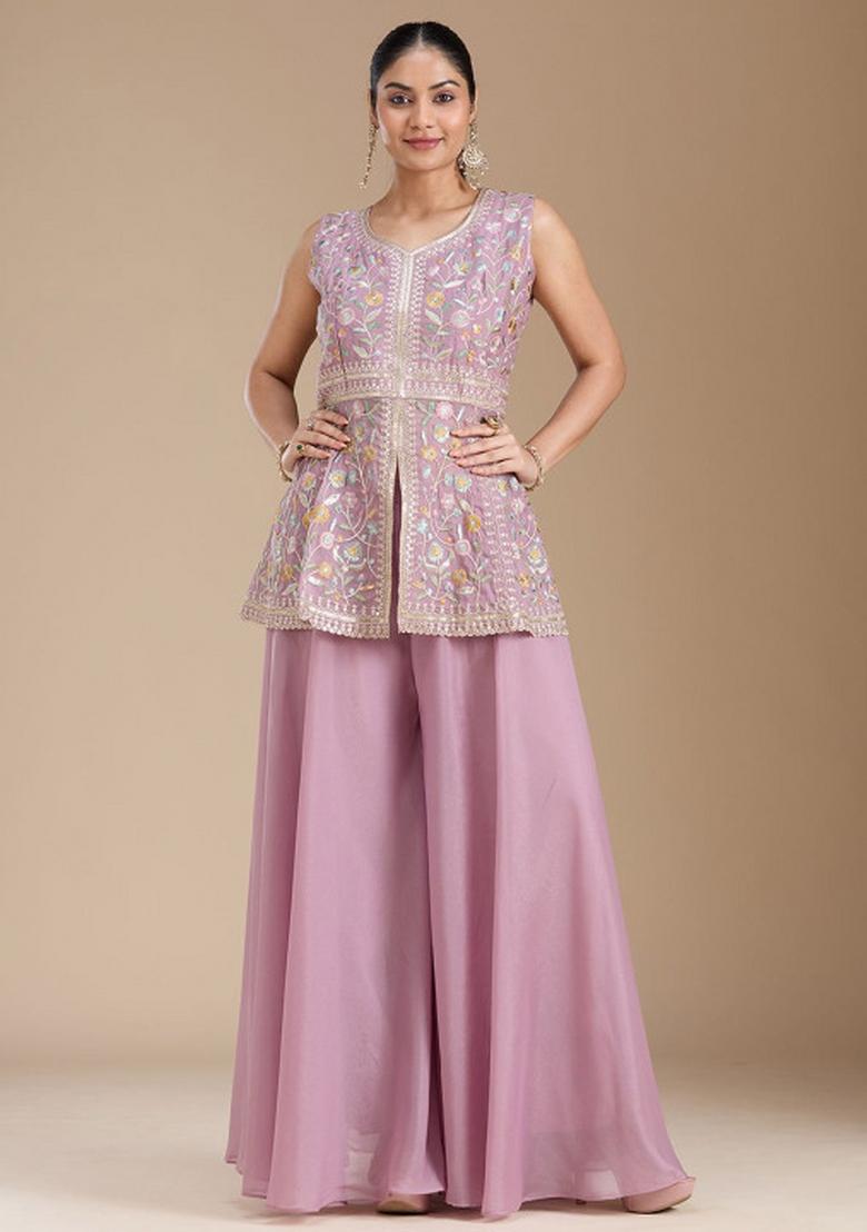 Lavender Thread Work Georgette Salwar Suit - Indya