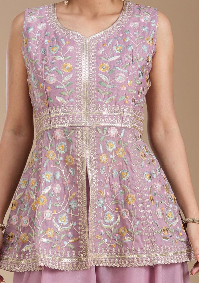 Lavender Thread Work Georgette Salwar Suit - Indya