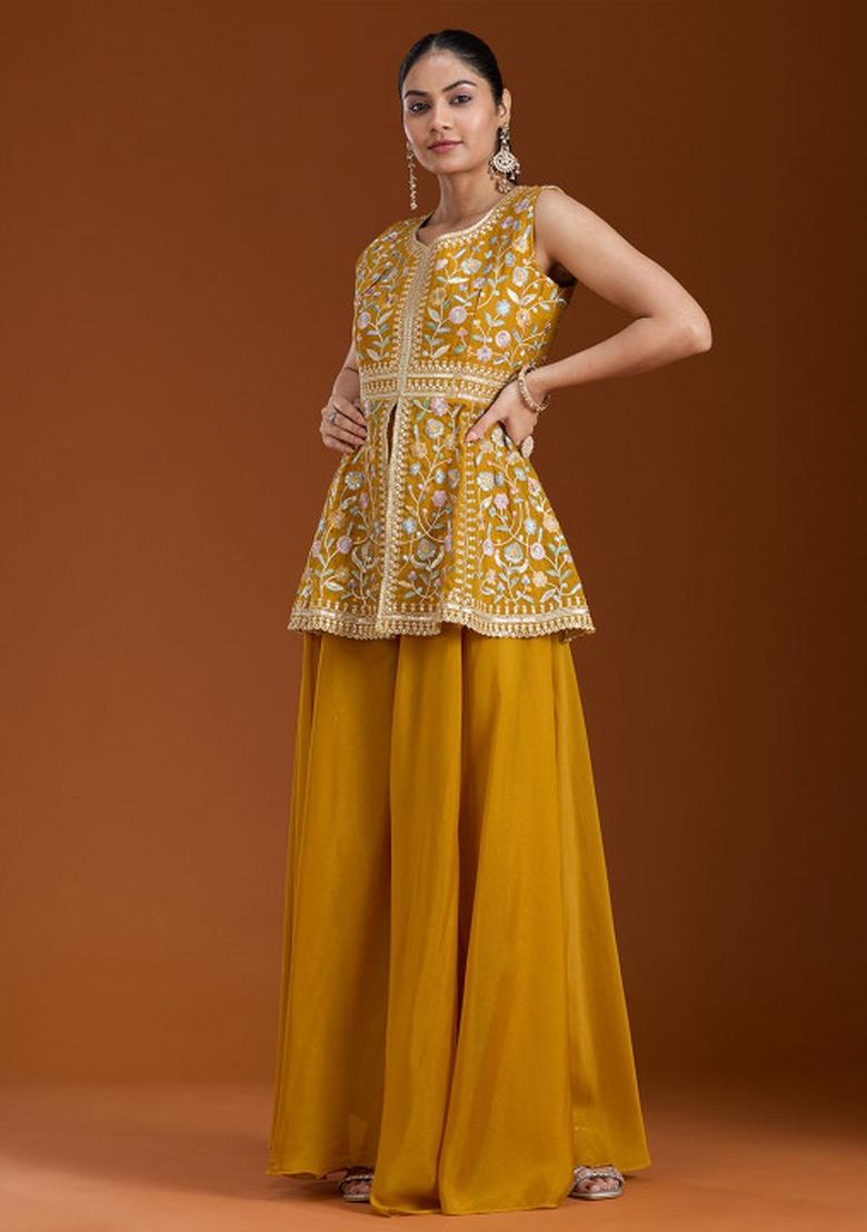 Yellow Thread Work Georgette Salwar Suit - Indya