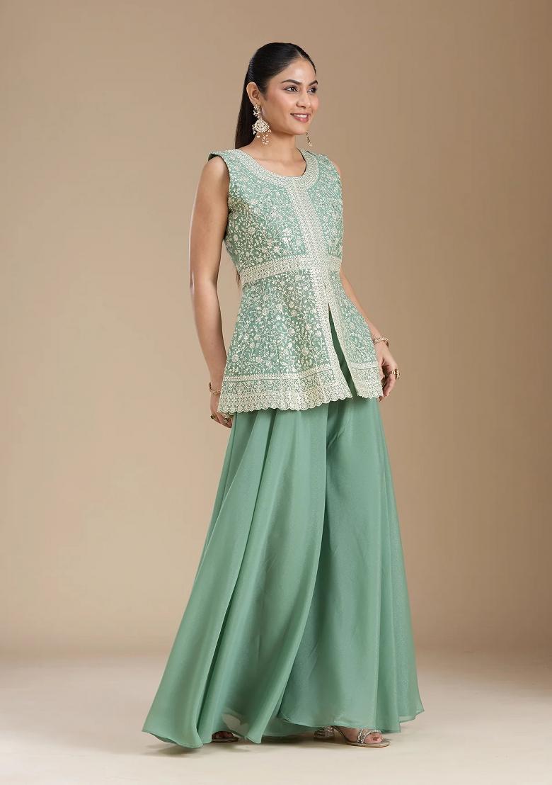 Teal Thread Work Georgette Salwar Suit - Indya