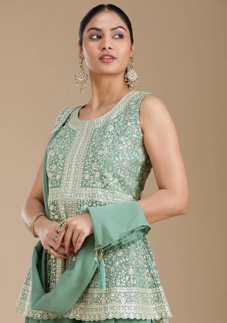 Teal Thread Work Georgette Salwar Suit - Indya