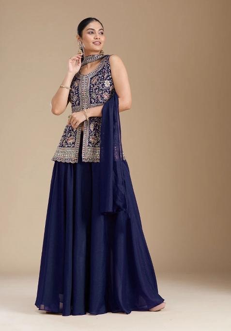 Blue Thread Work Georgette Salwar Suit — view on Indya